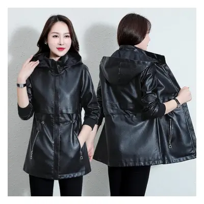 (black, XL) Women &apos;s Leather Jacket Mid -length Coat Casual Leather Jacket