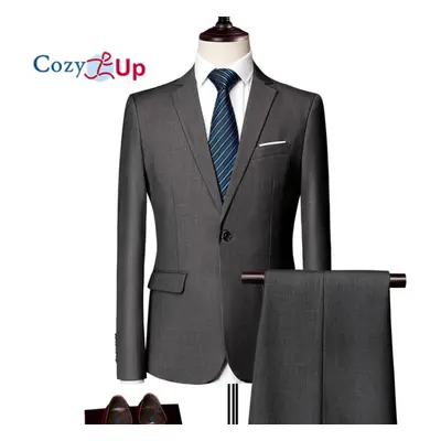 (grey, M) Cozy Up Men Solid Color Long Sleeve Lapel Slim Button Men Fashion Business Suit Autumn