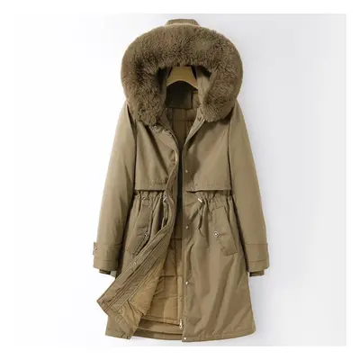 (coffee, XXXL) Autumn And Winter Women&apos;s Solid Color Hooded Waist Mid-length Detachable Lin