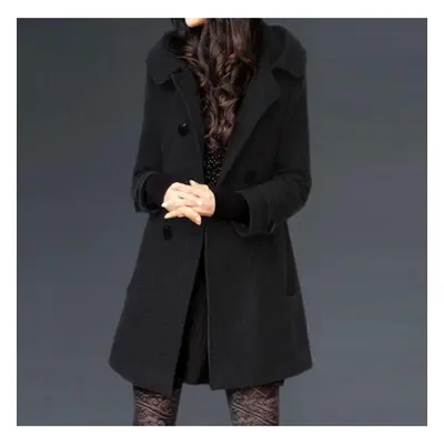 (black, L) Autumn And Winter Thick Woolen Coat Women&apos;s Mid-length Hooded And Slim-fitting W