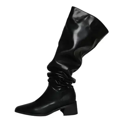 (black, 35) Meotina Women Over-the-knee Boots Square Toe Thick Mid Heels Pleated Long Boot Ladie