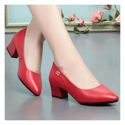 (red, 41) Wedding Shoes Women Spring New Women Shoes Red Genuine Leather Pointed Toe Professiona