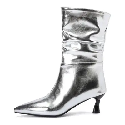 (silver, 41) Women Ankle Short Boots Pointed Toe Thin High Heels Pleated Metallic Boots Ladies F