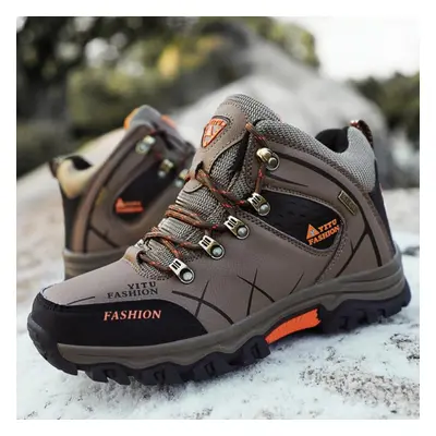 (brown, 40) Winter Men&apos;s Hiking Boots Warm Waterproof Snow Boots Leather Sneakers Male Outd