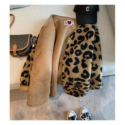 (as the picture, XL) Leopard Print Winter Jacket Autumn New Lamb Wool Faux Fur Coat Female Casua