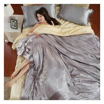 (grey, 2.2m) Satin Silk Bedding Set Bed Cover Flat Sheet Pillowcases