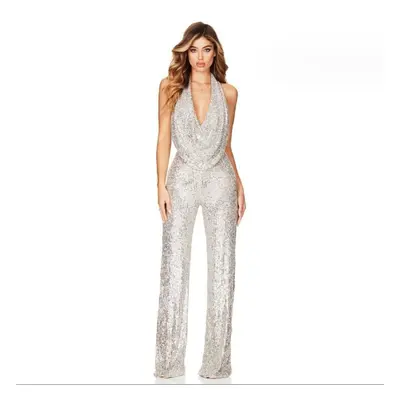 (silver, 2XL) Women&apos;s Sexy Backless Sequin Jumpsuit Slim Fitting Sleeveless Jumpsuit