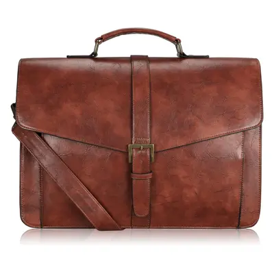 (15.6 Inch Brown) Leather Briefcase Large Laptop Satchel Messenger Shoulder Bag for Work Busines