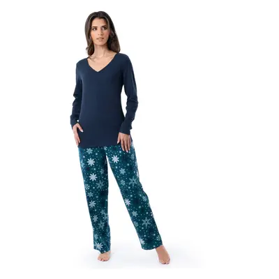 Fruit of the Loom Women's Waffle V-Neck Top and Flannel Pant Sleep Set Navy/Snowflake Medium