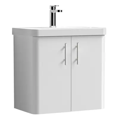 Curve Wall Hung Door Vanity Basin Unit - 600mm - Gloss White with Chrome Knurled Bar Handles (Ta