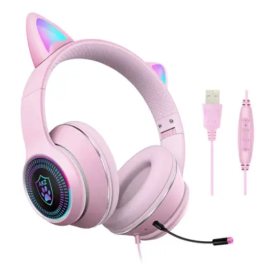 (Pink) Cat Ear Wired Headset USB 7.1 Channel Stereo Sound Head-mounted Luminous RGB Gaming Headp