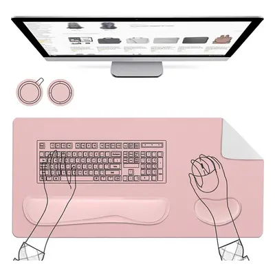 (Pink + Silver) 5Pcs Set Mouse Pad With 800x400mm PU Leather Desk Pad Foam Keyboard Cork Coaster