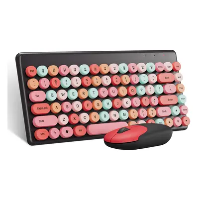 (Black) Wireless Keyboard Mouse Combo 2.4GHz Wireless 84-Keys Macaron Chocolate Round Keycaps Ke