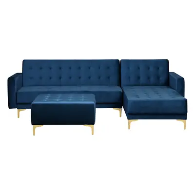 Left Hand Velvet Corner Sofa with Ottoman Navy Blue ABERDEEN