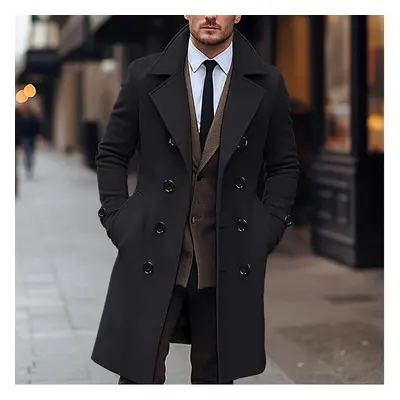 (Black, XXL) Fall Winter Men Woolen Coat Double Breasted Long