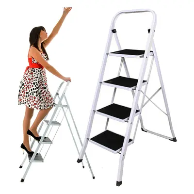 (4 Tread) Steel Step Ladder with Gripped Tread Anti-Slip Wide Step Safety Handrail 150KG Capacit