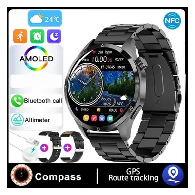 (black, Silicone+Leather+Steel) Smart Watch Men Watch Pro Amoled Hd Screen Bluetooth Call Nfc He