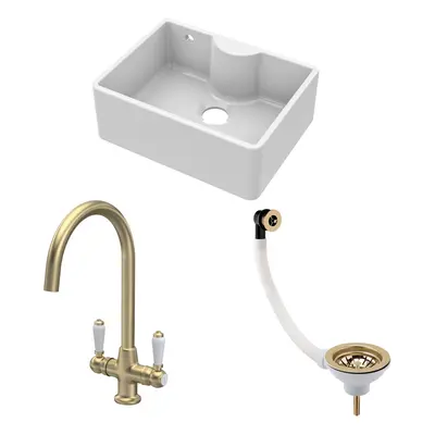 Fireclay Kitchen Bundle - Single Bowl Butler Sink with Overflow, Tap Ledge, Waste & Mono Tap, 59