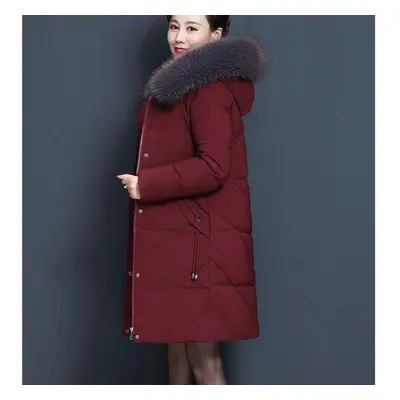 (red, XL) Winter Women&apos;s Solid Color Mid-length Fur Collar Hooded Down Jacket