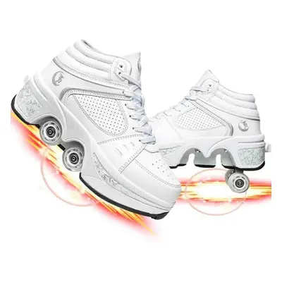 (white, 35) Outdoor Quad Wheel Rink Skates Deformation Skating Shoes For Adult /kids /girls /uni