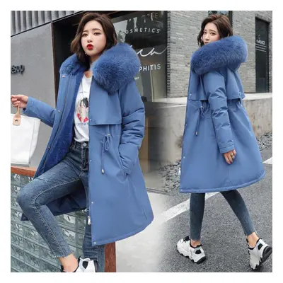 (blue, L) Winter Jacket New Women Parka Clothes Long Coat Wool Liner Hooded Jacket Fur Collar Th