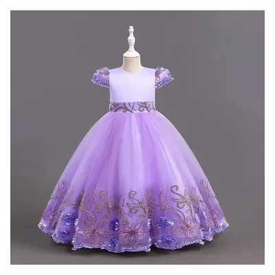 (light purple, 130(6T)) New Flower Girls Long Dress Girl Piano Performance Dress Gorgeous Birthd