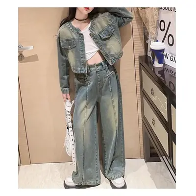 (as the picture, 150) Autumn Teen Girl Retro Denim Clothes Suit Round Neck Denim Jacket And Stra