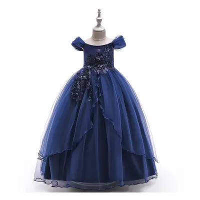 (navy, 140CM) Summer Lace Wedding Girls Dress Prom Gowns Party Bridesmaid Princess Kids Dresses 