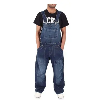 (L, navy blue) Men&apos;s Street Denim Work Pants Loose Multi-pocket Casual Workwear Suspender J