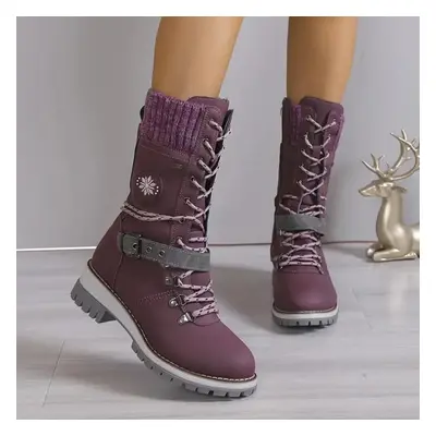 (purple, 37) Women&apos;s Fashion Thermal Mid Calf Boots Knitted Splicing Lace Up Side Zipper Bo