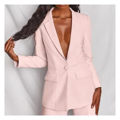 (pink, XL) Autumn Solid Color Women&apos;s Fashion Temperament Long-sleeved Suit Straight Trouse