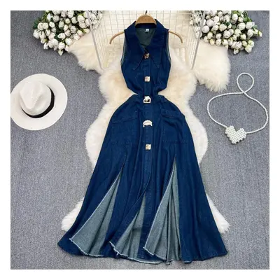 (blue, S) Vintage Lapel Hollow Waist Sleeveless Single-breasted A-line Split Denim Dress