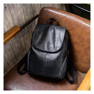 (black) Women&apos;s Backpack Soft Leather Large Capacity Fashion British Style Simple Travel Sc