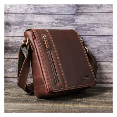 (coffee) Contact&apos;s Business Men&apos;s Shoulder Bags Crazy Horse Leather Messenger Bag Flap