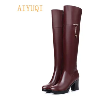 (brown, 35) Women Genuine Leather Long Barrel Boots Winter Plus Velvet Knee Boots High-heeled Mo