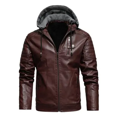 (red, XXXL) Winter Men &apos;s Fleece Hooded Leather Jacket Men &apos;s Casual Stand Collar Men 