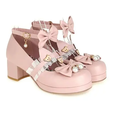 (pink, 39) Women Shoes Plus Size Lace Bow Buckle Cute Lolita Girls Shoes Cartoon Bear Pearl Mary