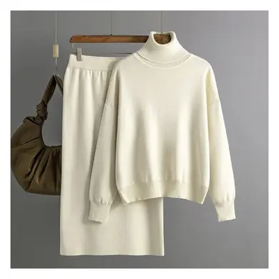 (beige, One Size) Women Turtleneck Knitted Skirt Suit New Fashion Casual Loose Sweater Long Skir