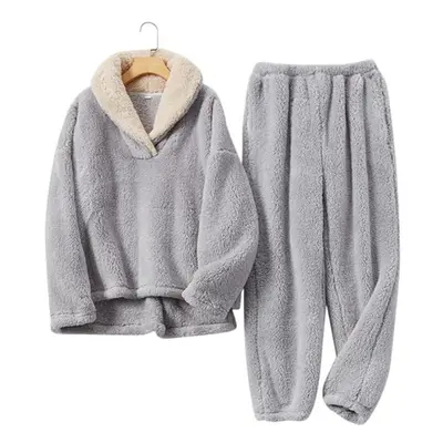 (grey, XXL) Autumn Winter Pajamas Set Women Loungewear Fleece Sleepwear Home Suits Homewear Ladi