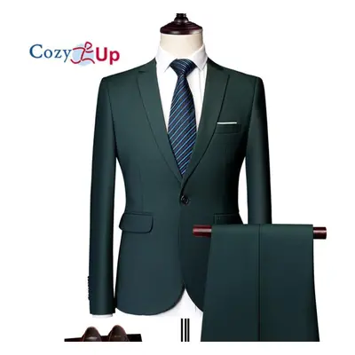 (green, M) Cozy Up Men Solid Color Long Sleeve Lapel Slim Button Men Fashion Business Suit Autum