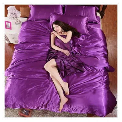 (purple, 1.8m) Satin Silk Bedding Set Bed Cover Flat Sheet Pillowcases