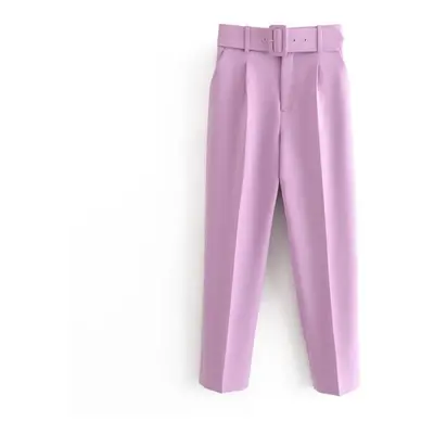 (light purple, L) Pants Suit Women High Waist Sashes Pockets Middle Aged Long Pant