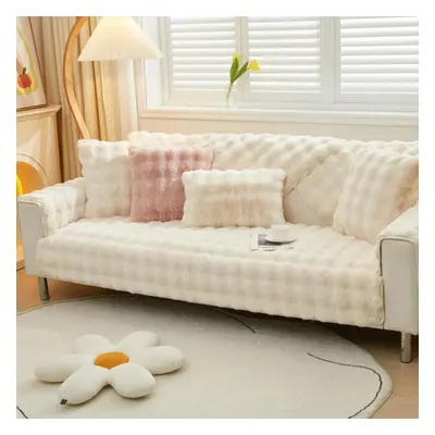 (beige, 90x240cm 1pcs) Thicken Rabbit Plush Sofa Covers Solid Color Winter Non-slip Couch Slipco