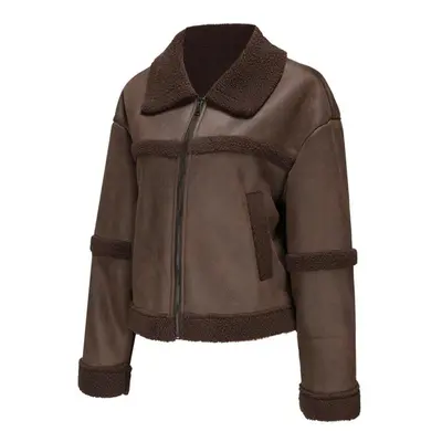 (brown, S) Women's Suede Faux Leather Jackets Plush Fleece Lined Lapel Zipper Short Coat Long Sl