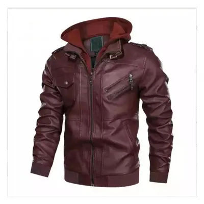 (dark red, L) Men&apos;s Fall/winter Double-decker Trend Locomotive Casual Leather Jacket Hooded