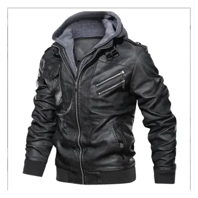 (grey, L) Men&apos;s Fall/winter Double-decker Trend Locomotive Casual Leather Jacket Hooded Coa