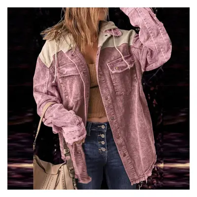 (pink, M) Women&apos;s Autumn Corduroy Shawl Jacket Long Sleeve Buckle Color Matching Hooded Jac