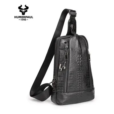 (black) Humerpaul Crocodile Print Men Leather Chest Bag Large Capacity Sports Bag