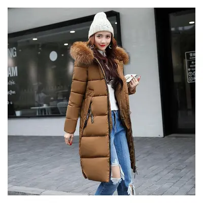 (brown, XXL) Women&apos;s Autumn And Winter Long Down Cotton Jacket With Large Down Collar And T