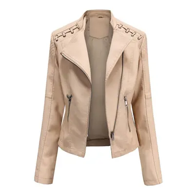 (khaki, 4XL) Women Autumn Winter Turn Down Collar Long Sleeve Slim Thin Zipper Pu Leather Motorc